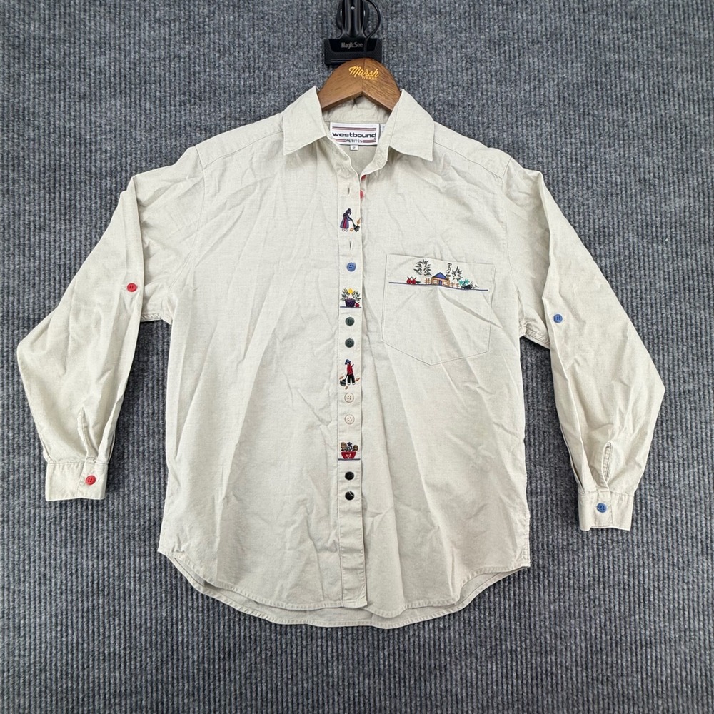 Westbound Button Down Shirt Women Size P Beige Excellent Embroidered Cottagecore